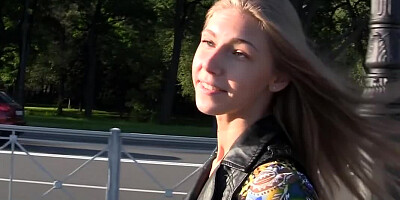 Pretty thing with blue eyes is sucking a really large cock