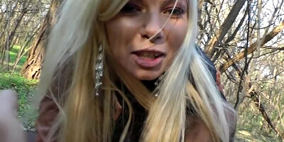 Fancy lady is naked outside, riding a large hard male member