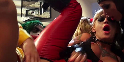 A sexy pair of chicks in costumes is doing a threesome here