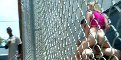 A blonde is pressed against the dumpster and she is fucked well