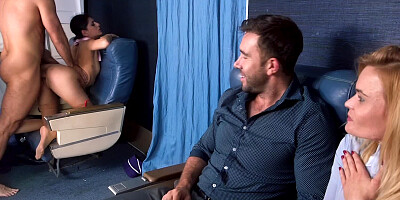 Fucking the sexy stewardess bent over a first class seat