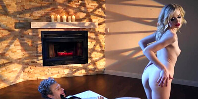 Teen closes door and invites guy to make it by the fireplace