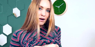 Petite blonde spreads her long legs in a solo video