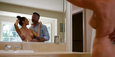 Mustached man fucks busty wife in the bathroom