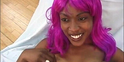 Crazy black tramp in mini microskirt gets firm poking leaned over the bed