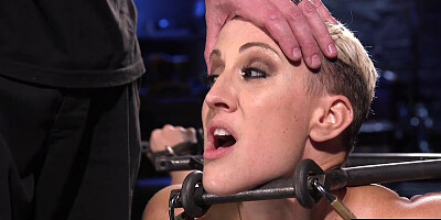 BDSM MILF mouth and pussyfucked with dildo stick by master