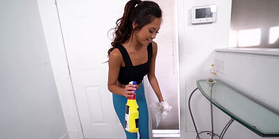 Petite asian maid sucks before fucking while cleaning