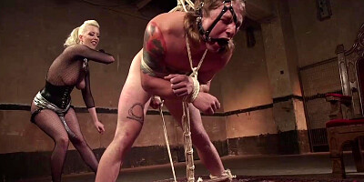Gimp fucks mistress with dildo gag