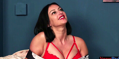 Voyeur busty MILF in high heels watches BBC guy wanking