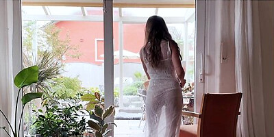 Window Cleaning With A Hot Brunette In A Sheer Dress And No Panties