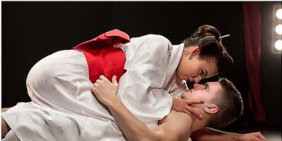 Footjob In Wooden Sandals, Then She Deepthroats Him Blindfolded On Stage