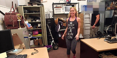 Blonde girl swallows spunk after being fucked by shop owner