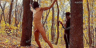 Tied My Cuckold Husband Between Trees And Spanked Him Outdoors