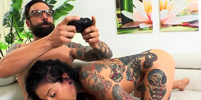 Sexy bitch just can't wait for man to stop playing and have sex