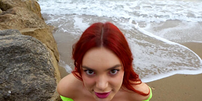 Redhead girl Paola Hard sucks a hard cock on the beach