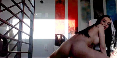 Radiant brunette Crystal Rush is riding suction cup dildo on the floor