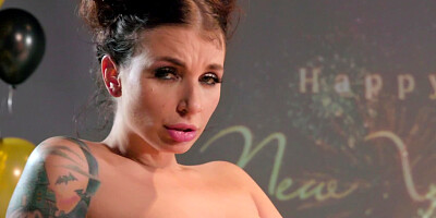 Young bitch and busty friend welcome New Year by anal threesome