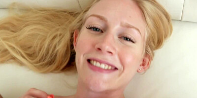 Blue-eyed blonde is giving an amazing POV-style blowjob