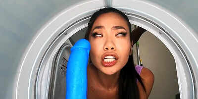 Petite Asian teen and busty Ebony roommate have fun in bathroom