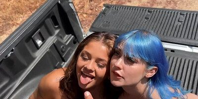Two slutty girls and horny guys are having outdoors 4some