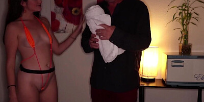 Gorgeous brunette gives a massage and a handjob to a BWC