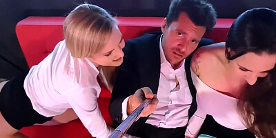 Blonde and brunette are filming themselves while sharing a guy