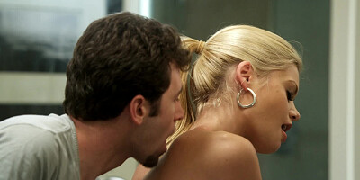 A blonde does a striptease before her lover and she is fucked