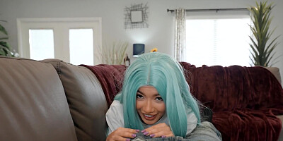 Asian cutie sucks a hard cock and rides it on the couch