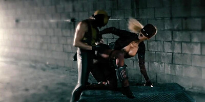 Lady Deadpool with big fake tits spreads legs for Wolverine