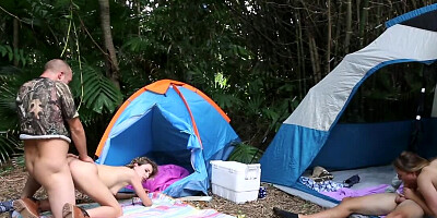 Girls are having outdoor foursome fuck party in nature