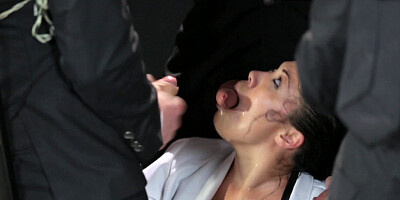 Hot little lady is getting several dicks in her mouth in the gangbang