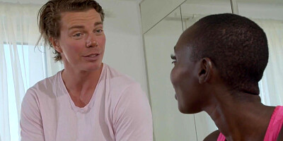 Ebony gal rides white boner after tiring workout