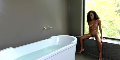 Ebony sweetie with nice tits Scarlit Scandal sucking white pecker