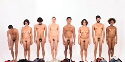 Art four guys and four ladies in a row switching clothes