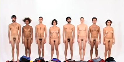 Art four guys and four ladies in a row switching clothes