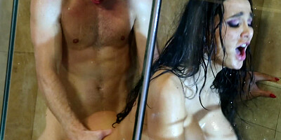 Guy has fun in the shower with his gorgeous stepmom