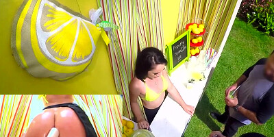 Brunette babe is being fucked on by nerd with a huge cock