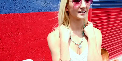 Sweet blonde earns some cash by sucking dick on the street