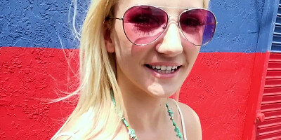 Sweet blonde earns some cash by sucking dick on the street