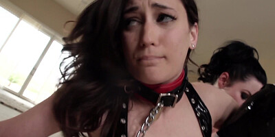 Two girls that have black hair are using their large sex toys