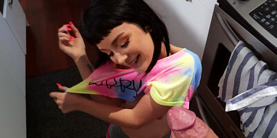 Short-haired brunette is taking big cock in the kitchen