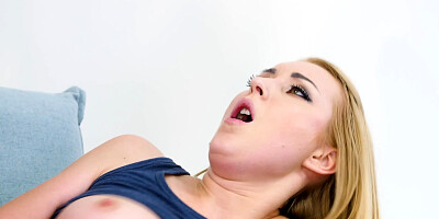 Pulled-up blue top makes sexy girl's tits more seductive