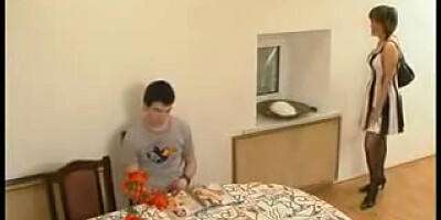 At the dinner table with young guy