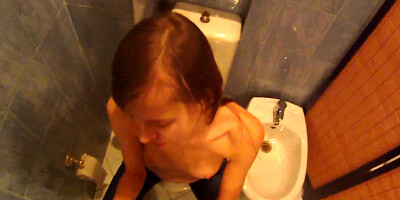 Slutty amateur chick is having sex in the public toilet