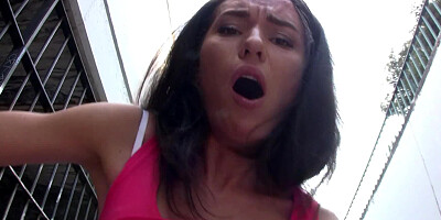 Hot bitch is given 50 euros to lift her top and suck large cock