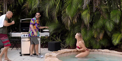 Lovely blonde in red bikini gets banged by boyfriend's pal