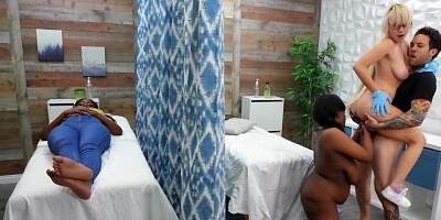 Tattooed man cheats on girlfriend with the black and white nurses