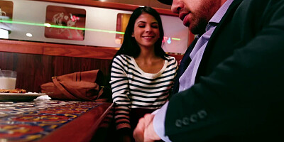 Petite cutie blows and bangs her man in a restaurant