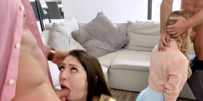 Muscular dads fuck stepdaughters near their helpless friend