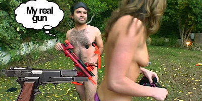 Cute brunette is fooling around with her friend in a backyard